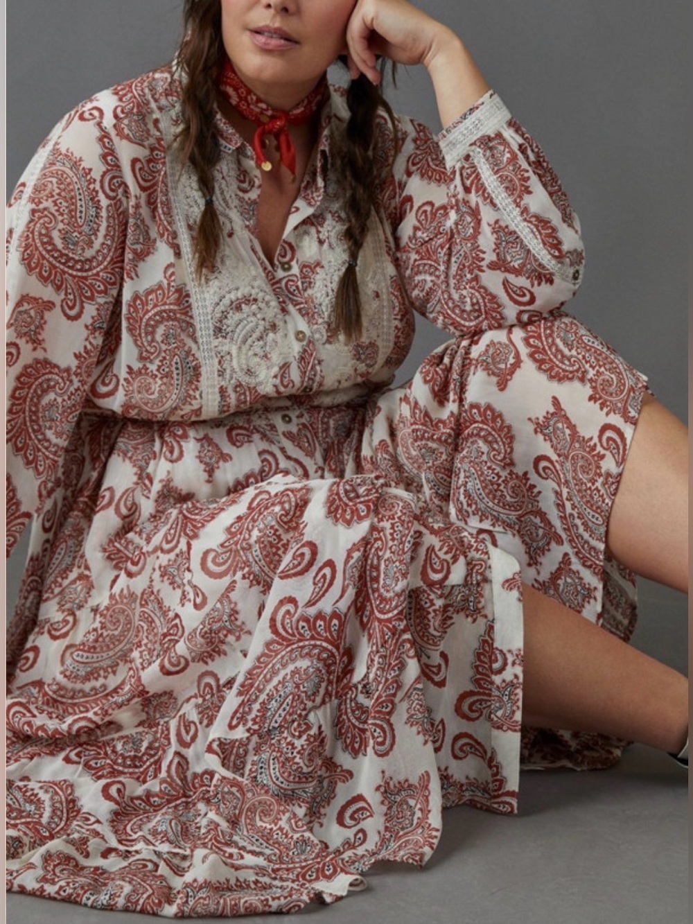Anthropologie Allaire Embroidered Paisley Lace Bib Maxi Shirtdress Size M $228 - Picture 5 of 10